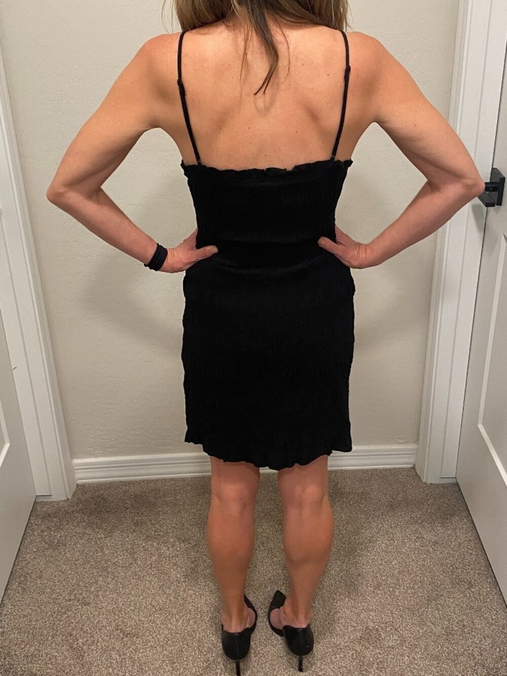 H&M Black Smocked Bodycon Mini Dress M | Stretchy Ruched Cami Slip Dress - Picture 4 of 9